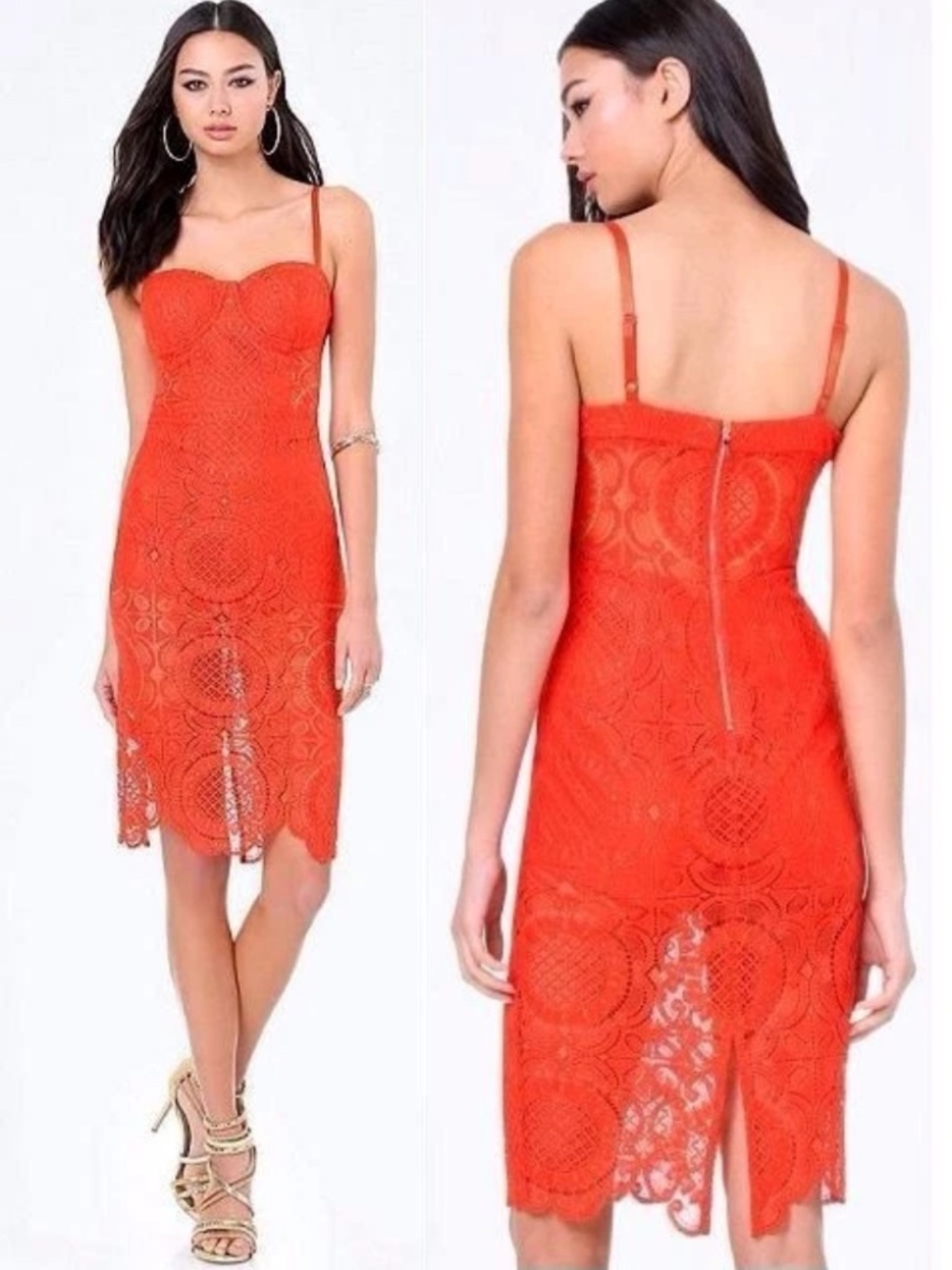 New Bebe orange red lace floral bustier cutout midi bra top dress XXS 00 sexy